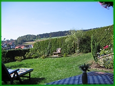 Ihr Blick aus dem Fenster von Ferienwohnung Apfel auf Terrasse und Garten